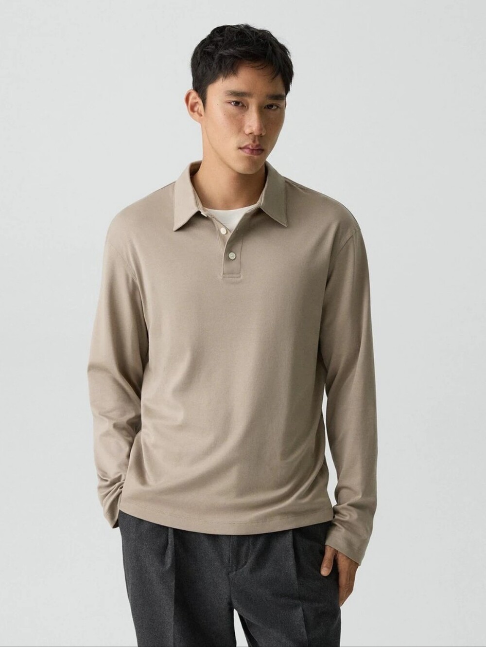 Theory Soft Knit Men's Long Sleeve Polo Shirt in Sandstone